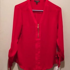RED SILKY TOP W/GOLD 5” ZIPPER ADJ. SLEEVES,SLIM